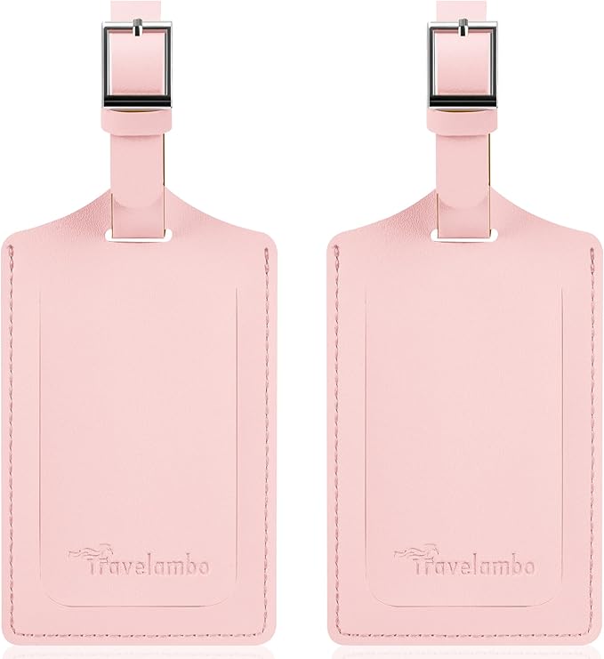 Travelambo Luggage Tags for Suitcases Faux Leather Privacy Protection 2 Pack Bag Tags Travel Accessories Essential, Light Pink