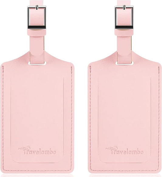 Travelambo Luggage Tags for Suitcases Faux Leather Privacy Protection 2 Pack Bag Tags Travel Accessories Essential, Light Pink