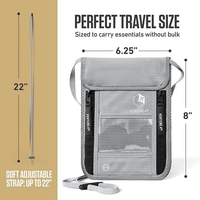 VENTURE 4TH Neck Wallet for Women & Men – RFID Blocking Passport Holder for Travel, Hidden Neck Pouch with 6 Compartments, Slim Lightweight Travel Organizer with Adjustable Strap (Silver)