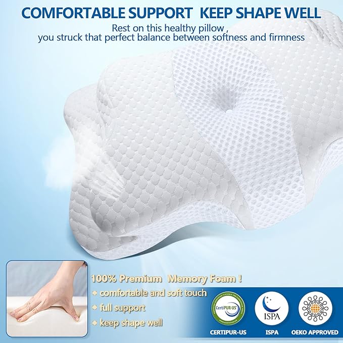 Memory Foam Pillows, Cervical Pillow for Neck and Shoulder Pain Relief, Ergonomic Contour Bed Pillow, Soft for Side Sleep Stomach Sleeping and Back Sleeper-Queen Size&White