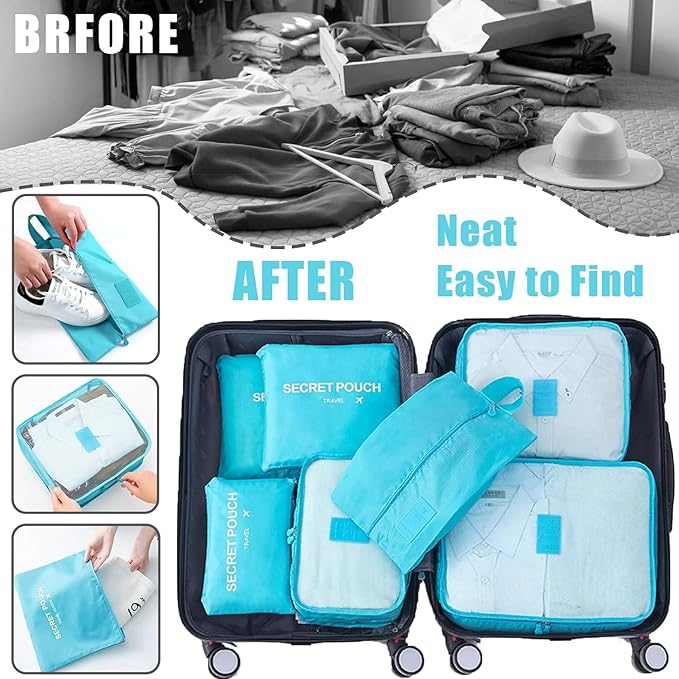 INVODA 7 piece Multi-size Packing Cubes for Travel Suitcase Organizer Bags Lightweight Travel Bags (Sky Blue)