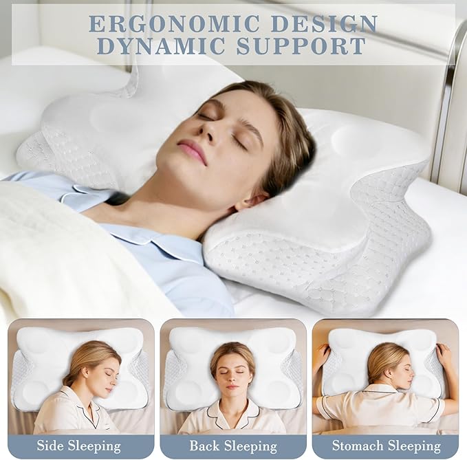 CCidea Cervical Neck Pillows for Sleeping & Pain Relief-Ergonomic Contour Memory Foam Pillow for Side/Back/Stomach Sleepers, 2 Heights with ICY Cooling White Silk Pillowcase - Gifts for Men & Women