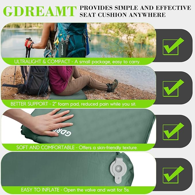 Inflatable Seat Cushion, Self-Inflating Memory Foam Stadium Seats Cushion Lightweight & Compact Chair Sitting Pad Airplane Cushion for Long Flight Travel Outdoor Camping Car Bleachers Office