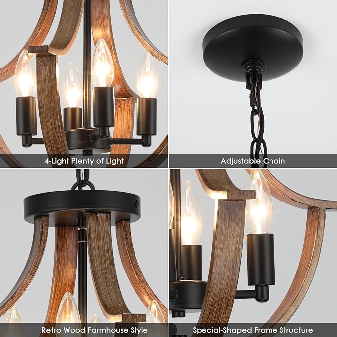 LAMPKEDUO Farmhouse Hanging Pendant Lighting, 4-Light Rustic Flush Mount Ceiling Light Fixture,Modern Faux Wood Vintage Chandelier for Dining Room Kitchen Island Foyer Hallway Entryway Bedroom