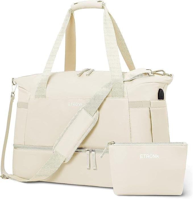ETRONIK Gym Bag for Women, Personal Item Travel Bag with Shoes Compartment, Weekender Overnight Duffel Bag with Wet Pocket, Carry On Bag for Women, Travel, Gym, Weekend (Beige)