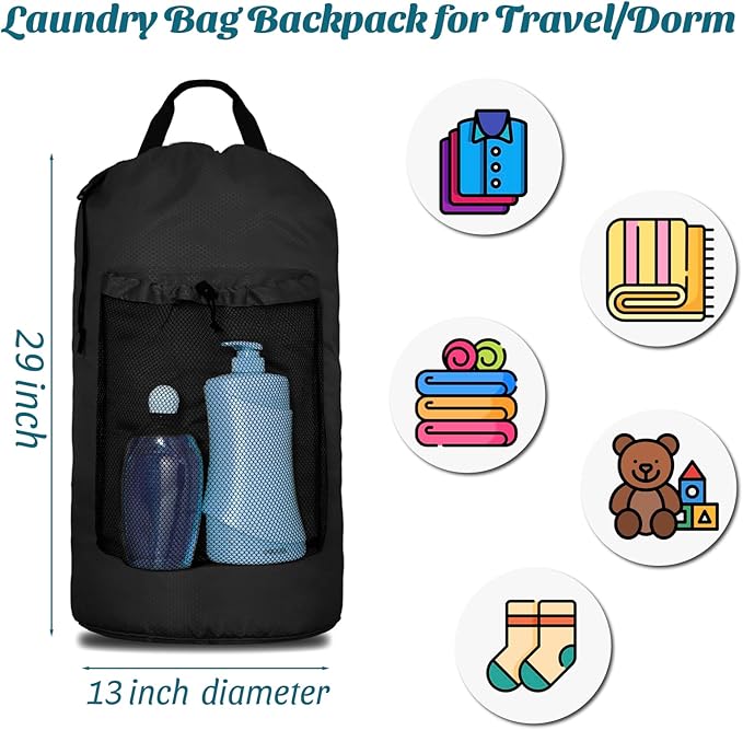 Laundry Bag Backpack Large Travel Laundry Backpack with Adjustable Shoulder Straps Portable Hamper Bag for College, Dorm, Apartment Camp(Black)