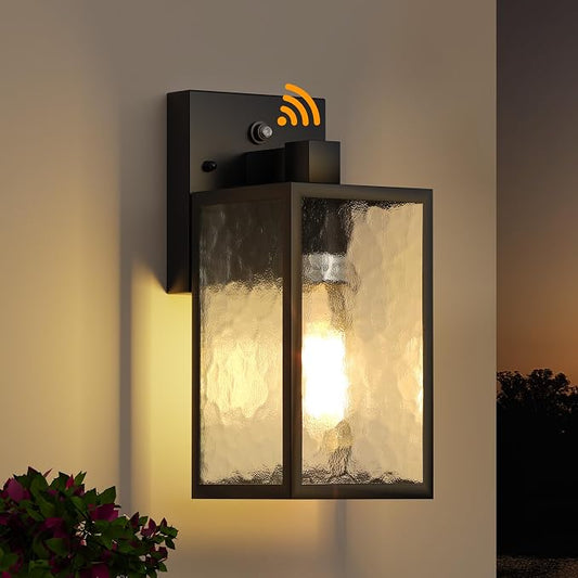 Dusk to Dawn Exterior Lighting Fixtures Outdoor Porch Light Wall Sconce | 10.65 inch, Anti-Rust Metal Frame, Tempered Glass, E26 Base, Waterproof, Sensor Wall Lantern for Patio, Garage, Entryway