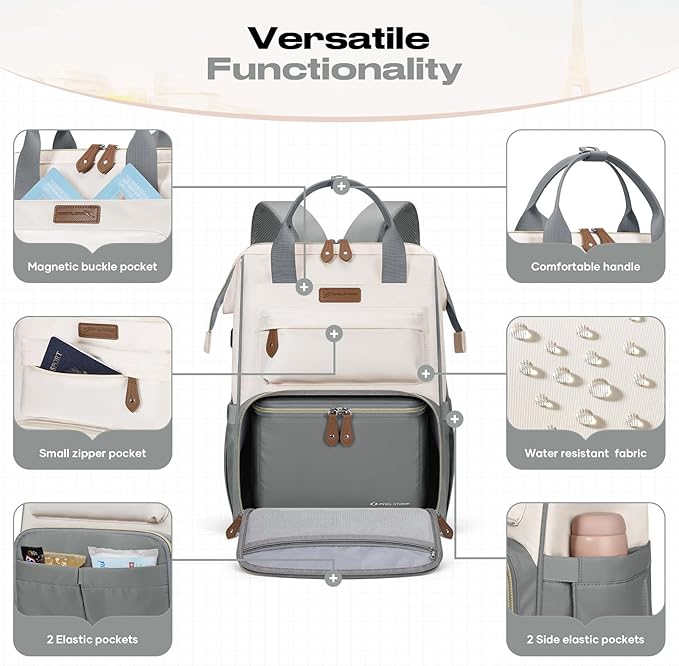 Maelstrom Travel Backpack for Women Men,Laptop Backpack Fits 15.6-17.3 Inch Laptop, Nurse/Work Bag with Insulated Lunch Box (Gray-beige)