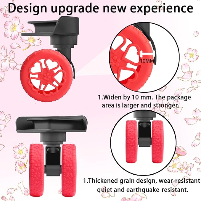 Luggage Wheel Protector, 8PCS Sakura Love Design - Premium Silicone Protectors for 2-2.4" Spinner Wheels Anti-Slip, Ultra-Quiet & Wear-Resistant Travel Accessories (Red)