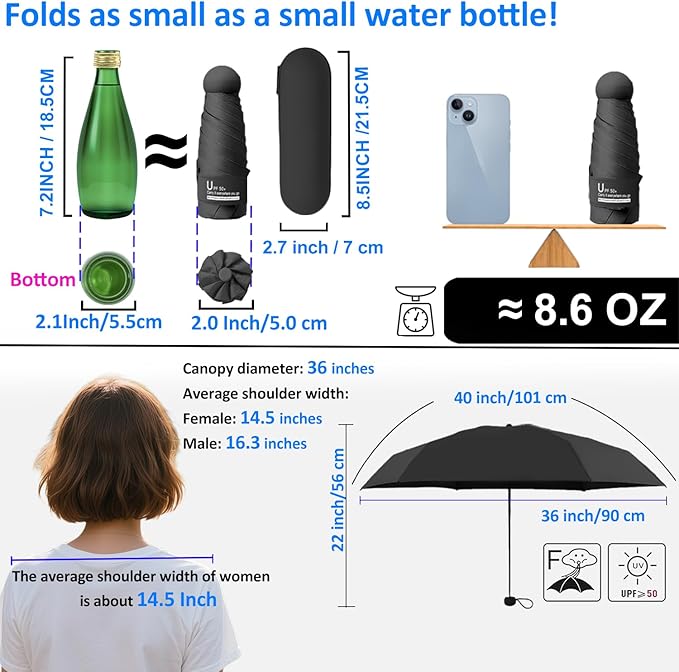 BAODINI Travel Essentials Mini Umbrella for Purse With Case Small Compact UV Sun Protection Lightweight Tiny Pocket Manual Open Close Umbrella for Women Kids and Men Fits Purse Backpack
