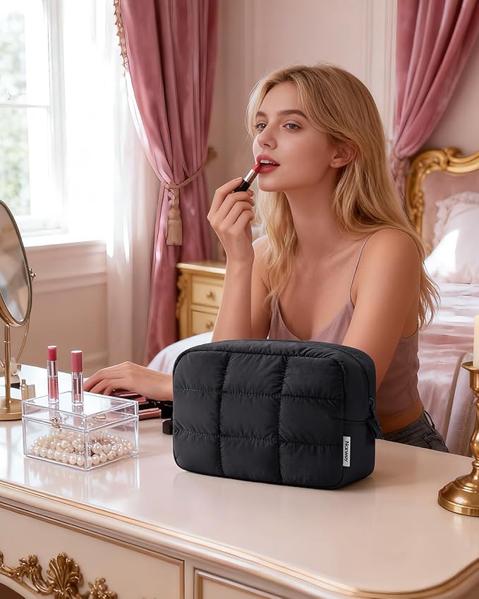Narwey Quilted Makeup Bag for Women Girl, Puffer Travel Cosmetic Bag Puffy Make Up Bag Organizer, Cute Travel Toiletry Bag for Toiletries (Black)
