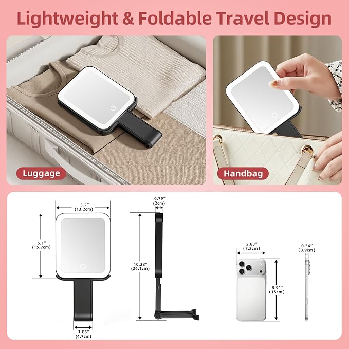 Travel Mirror with Lights, Rechargeable Magnifying Mirror 10X/1X Double-Sided, 3 Color Lighting, Smart Touch Dimming, Precision Tweezers, Lighted Makeup Mirror for Desk, Trip, Office (10.3"x5.2")