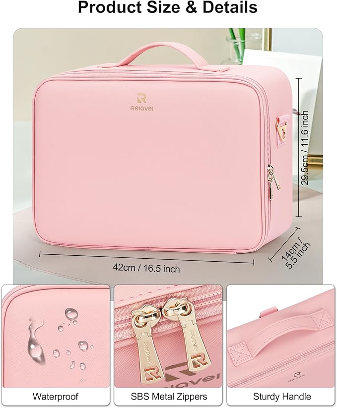 Relavel Large Makeup Case with LED Mirror, Train Cosmetic Case with Separate Brush Board, Professional Makeup Organizer Storage with Detachable Dividers for Makeup Artists, Hairstylist - Pink