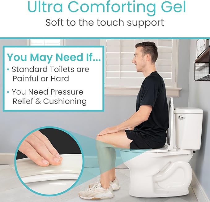 Vive Gel Toilet Seat Cushion Cover - Raised Padded Riser Cushion for Elongated, Standard, and Commode Chairs- Seat Warmer Pressure & Pain Relief Comfort- Adhesive Donut Pad for Elderly, Seniors