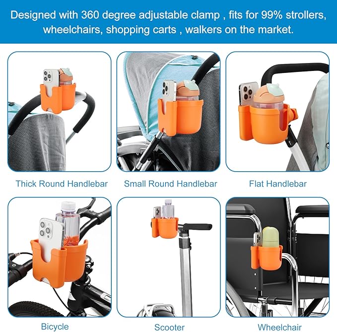 Accmor Stroller Cup Holder with Phone Holder, Bike Cup Holder, Universal Cup Holder for Uppababy Nuna Doona Strollers, 2-in-1 Cup Phone Holder for Stroller Bike Wheelchair Walker Accessory