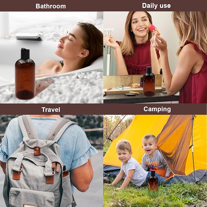 2 Pack 8 oz Amber Plastic Shampoo Bottles with Black Disc Caps Refillable Leak-Proof Travel Squeeze Containers for Conditioner Toiletries Liquid Soap Lotion Essential Oils