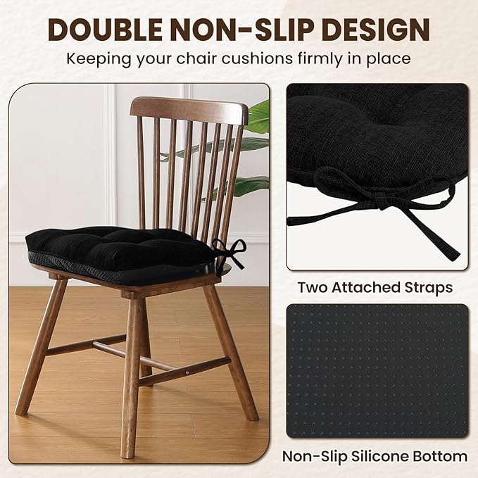 downluxe Indoor Chair Cushions for Dining Chairs, Tufted Overstuffed Textured Foam Kitchen Chair Pads with Ties and Non-Slip Backing, 15.5" x 15.5" x 4", Black, 4 Pack