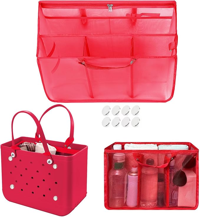 XYFuuee Beach Bag Organizer Inserts for Baby Medium Bogg Bag Accessories with 8 Removable Metal Fasteners, Lightweight Mesh Insert Divider Pouch, Organizing Rubber Tote, Save Storage Space, Red M