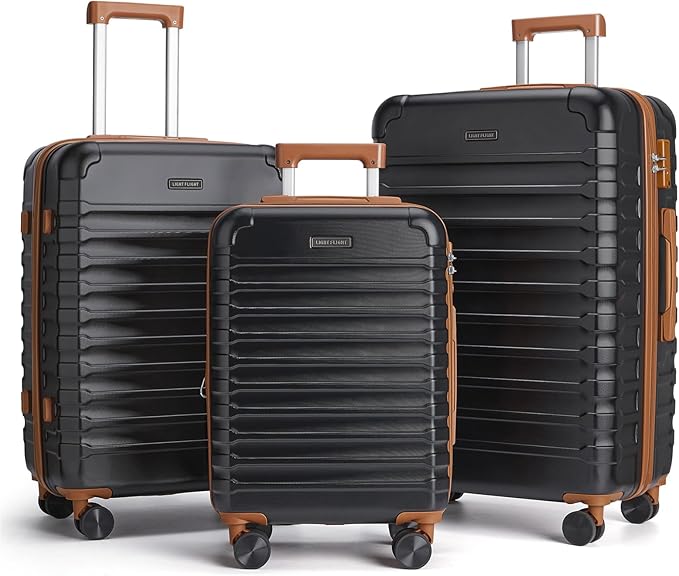 LIGHT FLIGHT Luggage Sets, 3 Piece Durable Suitcase Set with Spinner Wheels, 3 Pcs Hardside Lightweight luggage with TSA Lock, Large Checked Travel Suitcases, 20/24/28 Inch,Black/Brown