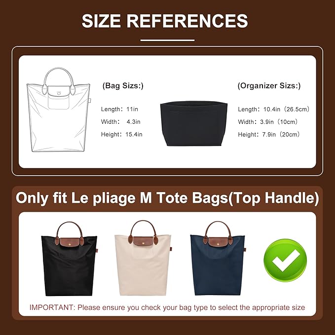Doxo Felt Purse Organizer Insert for Longchamp Le Pliage M Totes, Longchamp Orgainzer Insert Meduim with 7 Compartments & YKK Zipper | Fits Long Champ Meidum Top Handle Tote Bag (SM, Black)
