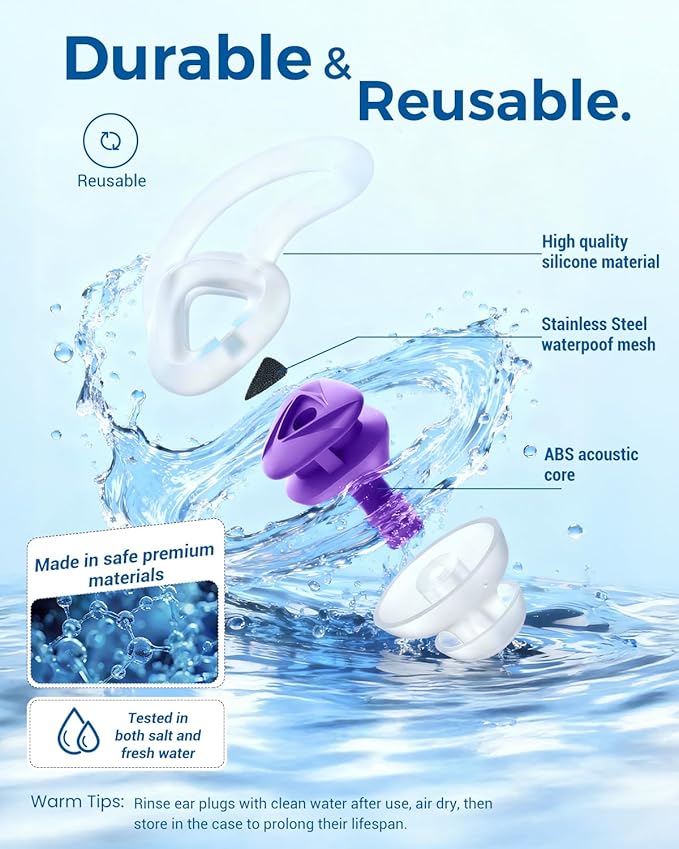 Ear Plugs for Swimming–2 Pairs Soft Silicone Reusable Waterproof Earplugs for Adults & Men Women, Custom Fit for Swimmers Ear, Pool, Beach, Snorkeling, Surfing, Kickboard Training(Purple)