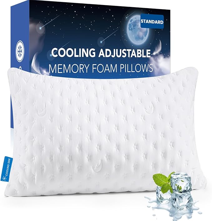 Cooling Side Sleeper Pillow for Neck and Shoulder Pain, Luxury Shredded Memory Foam Curved Bed Pillows for Sleeping Set of 1- Adjustable Queen Size- Washable Cover Original White