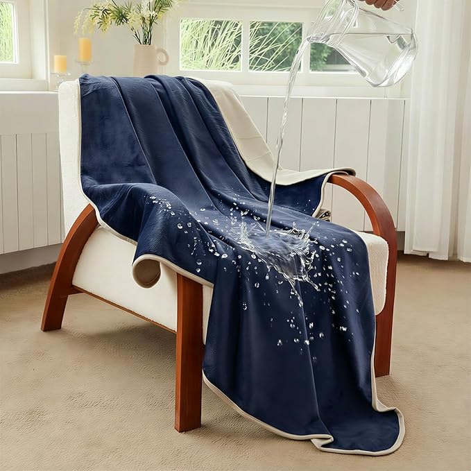 NANPIPER 100% Waterproof Blanket for Sofa, Reversible Fleece Love Blanket, Spill-Proof Dog Throw for Camping, Travel, Navy/Light Beige 40x60 inches