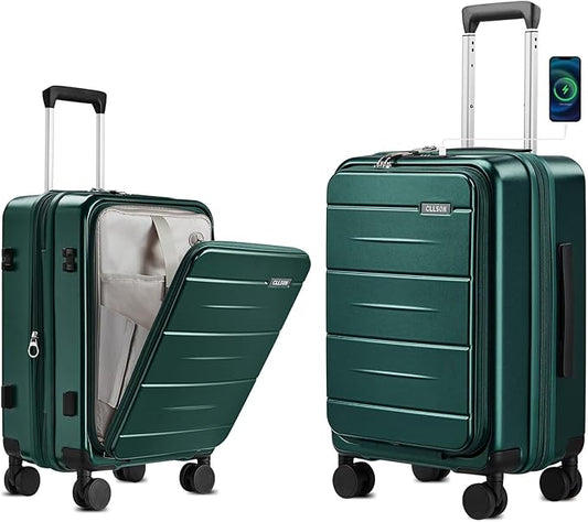Carry On Luggage with Top Opening, Expandable with Front Pocket and USB Charging Port, Lightweight with Front Compartment Rolling Suitcases with Spinner Wheels (Dark Green, 20 Inch)