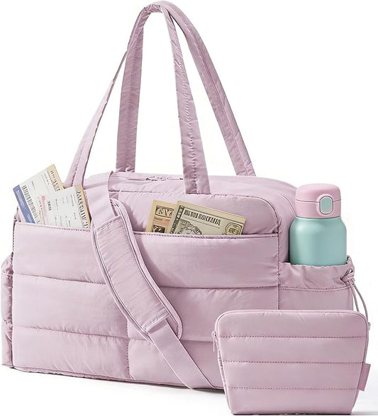 BAGSMART Gym Bag for Women, Lightweight Puffer Duffle Bag 2-PC Travel Bag, 31L Weekender Overnight Bag Quilted Carry On Tote Bag, Diaper Hospital Dance bag for Travel, Gym, Water Resistant
