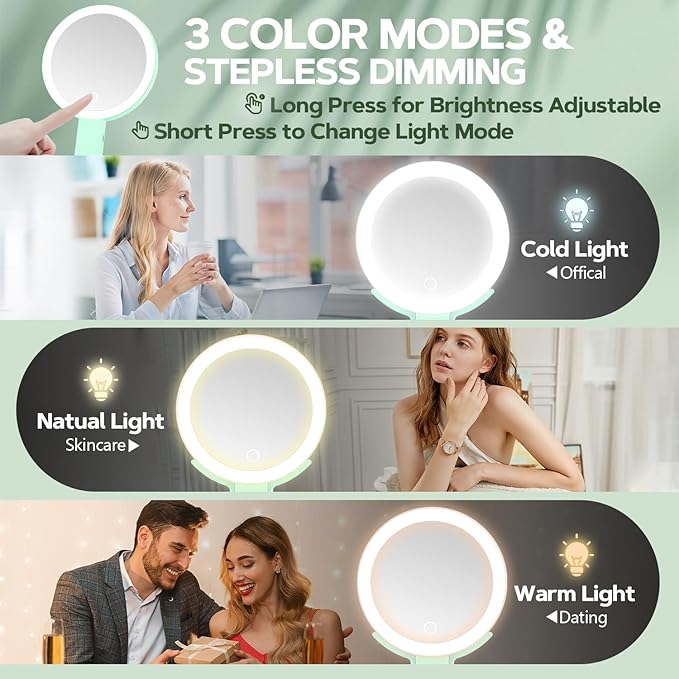 MIYADIVA Lighted Makeup Mirror, 30X Magnifying Mirror with Light, Hanging and Handheld Mirror with Handle, Green