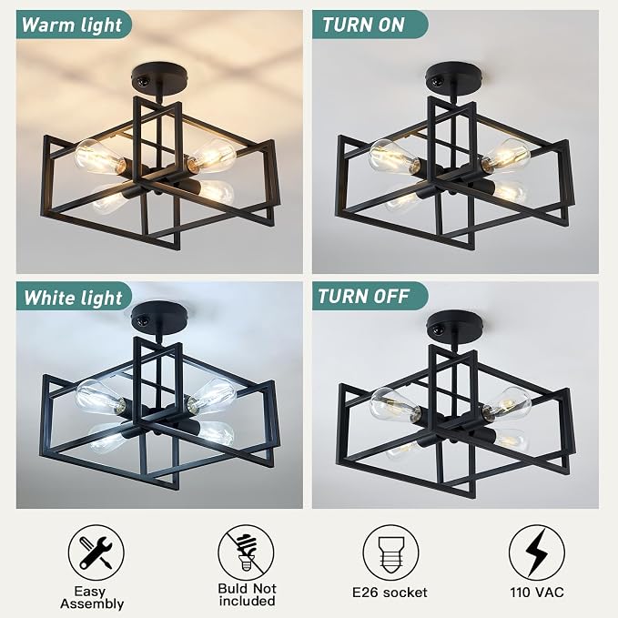 ZGLAOJT Motion Sensor Ceiling Light Fixture 4-Lights Semi Flush Mount Ceiling Light Black Industrial Indoor Chandelier for Kitchen Living Room Bedroom Farmhouse Hallway Foyer