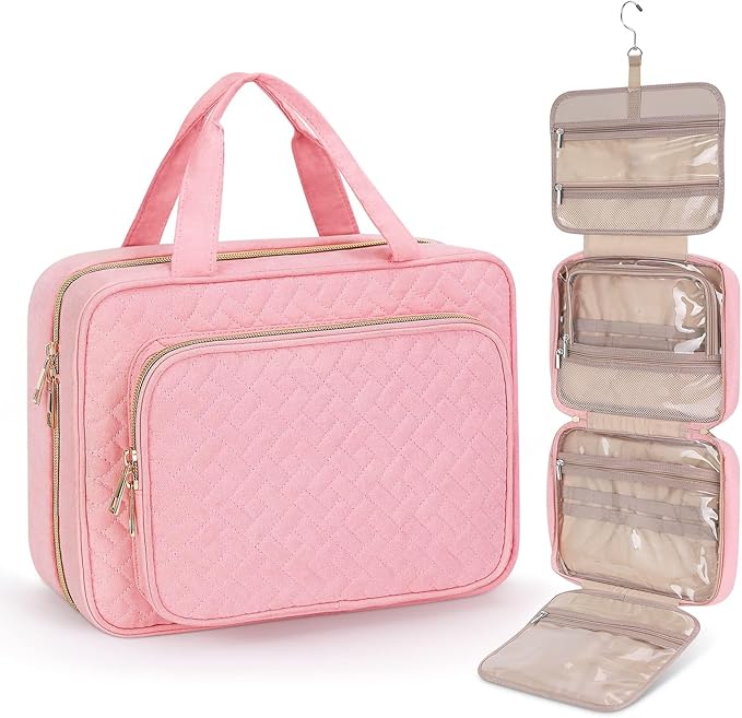 Wedama Toiletry Bag for Women, Large Cosmetic Travel Bag, Hanging Toiletry Bag for Bathroom, Thickened PVC Waterproof Travel Makeup Bag, Toiletries Bag for Travel Business Trips and Camping, Pink