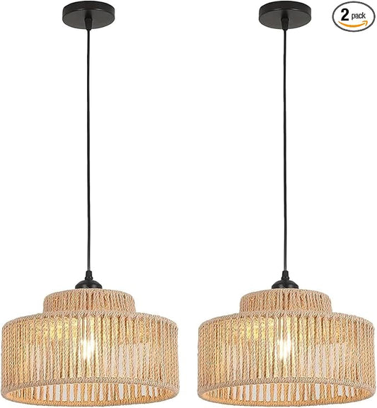 Rattan Pendant Light Set of Two,12.6 Inch Boho Kitchen Island light Fixtures,Handmade Woven Hanging Lamp,Wicker Small Chandelier,Coastal Hanging Lights for Bedroom Kitchen Restaurant Hallway Foyer