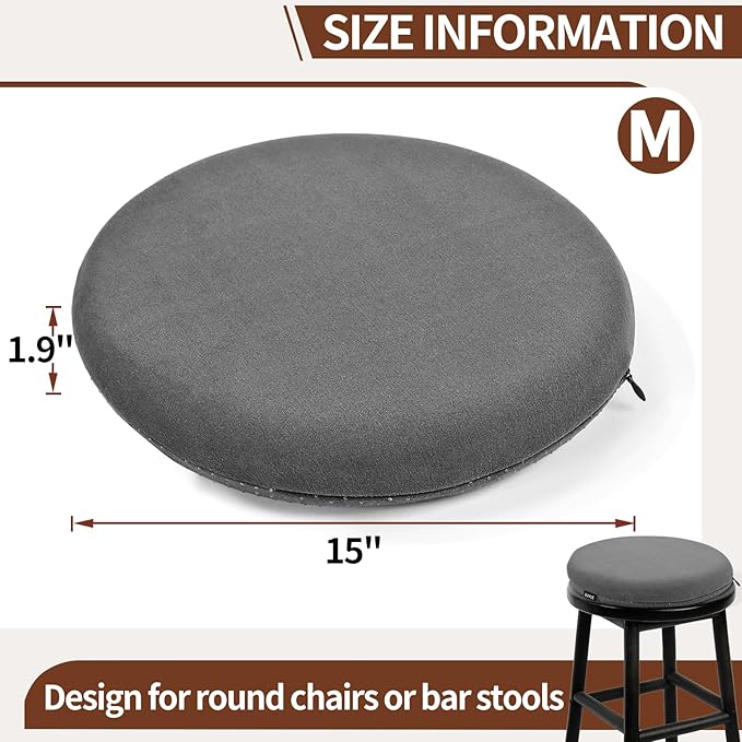 BUYUE Memory Foam Seat Cushion, Dia 15" Soft Velvet Round Stool Cushion Anti-Slip Chair Pads, M, Dark Grey