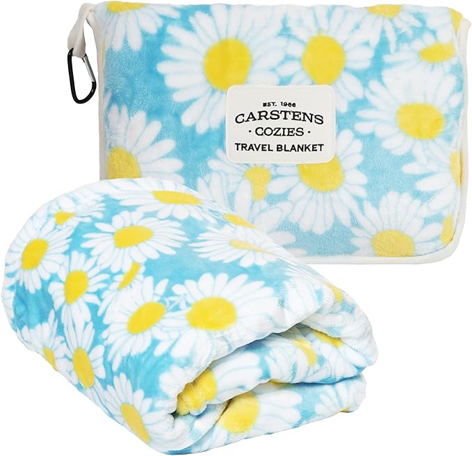 CARSTENS, INC. Travel Blanket, Premium Compact 2-in-1 Airplane Blanket/Pillow, Blue Daisy Floral