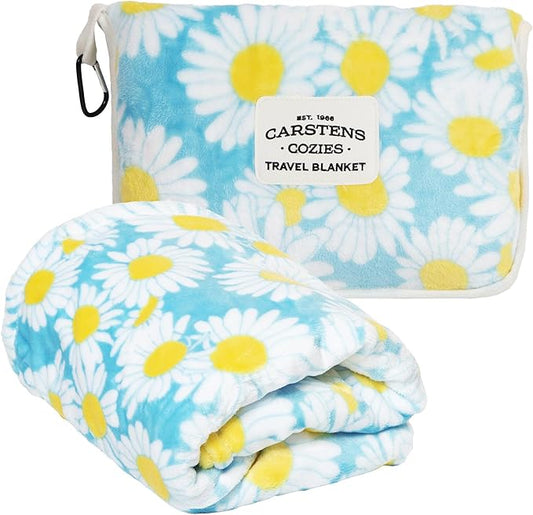 CARSTENS, INC. Travel Blanket, Premium Compact 2-in-1 Airplane Blanket/Pillow, Blue Daisy Floral