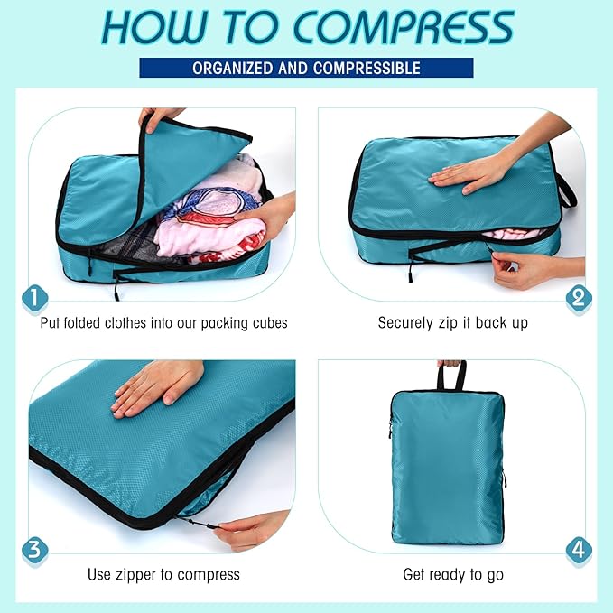 5 Pack Compression Packing Cubes for Travel Space Saving Cubes Luggage Organizer for Suitcase(Blue,L)