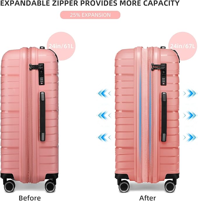 LARVENDER Luggage Sets 2 Piece, Expandable PP 24 Inch Check-in Suitcase with Duffle Bags for Women, Luggage Set Clearance with Spinner Wheels TSA Lock (Peach)