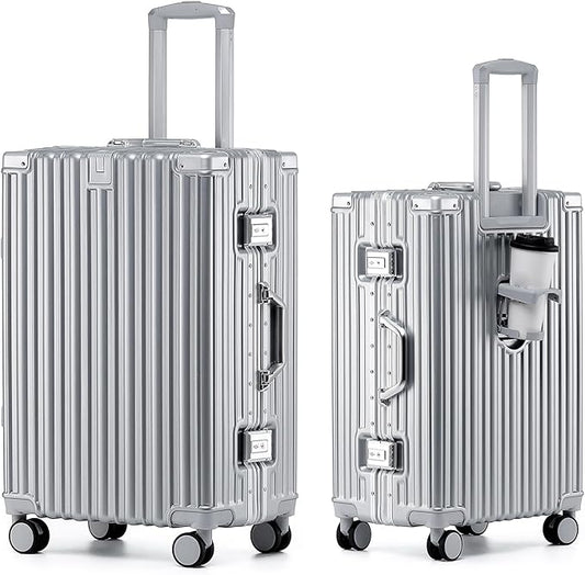 HotWay 20 Inch Aluminum Frame Carry On Luggage with Spinner Wheels, PC Hard Shell Suitcase with Cup Holder, Zipperless Luggage for Business Travel, Silver