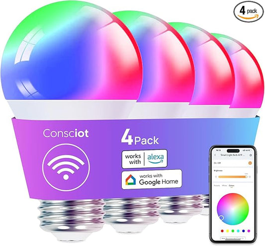 Consciot Smart Light Bulbs, A19 Google Home Color Changing Bulbs, 4-Pack | 800 Lumens, 60W Equivalent, Works with Apple Home, Alexa, Google Home & SmartThings, Dimmable LED Bulbs