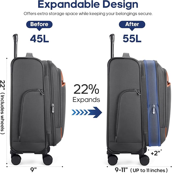 UKEIN Expandable Carry On Luggage 22x14x9 Airline Approved, 20Inch Softside Carry On Suitcase with Wheels & TSA Lock, Travel Suitcase with 4-Piece Packing Bags for Women Men (Grey, Carry on （20in）)