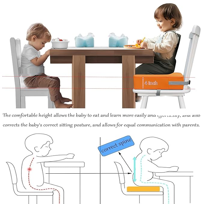 Toddler Booster Seat Dining Table Kitchen Chair, Waterproof Anti-Scratch PU Cushion, Non-Slip Bottom, Adjustable Buckle Straps, Easy Clean Portable Seat Cushion (Orange)