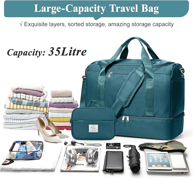 Travel Duffel Bag for Women, Carry-on Overnight Weekender Bags with Wet Pocket & Toiletry Bag, For Spirit Airlines 18x14x8 Personal Item Bag,3 Pcs Set,Small