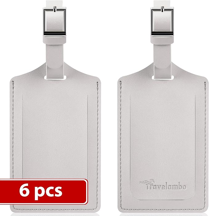 Travelambo Luggage Tags for Suitcases Faux Leather Privacy Protection 6 Pack Bag Tags Travel Accessories Essential, Light Grey