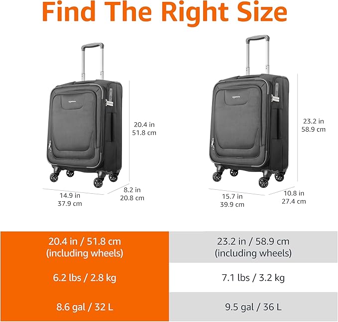 Amazon Basics 17" Carry-On Softside Luggage Suitcase with TSA Lock, 8 Spinner Wheels, Front Exterior Pocket, 3 Interior Pockets, Sturdy Telescoping Handle, Black