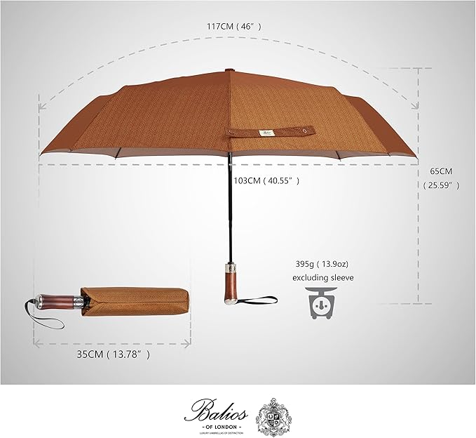 Balios (Designed in UK) Travel Umbrella Luxurious Golden Hardwood Handle Auto Open & Close Windproof Frame Single Canopy Automatic Folding Umbrella Men's & Ladies