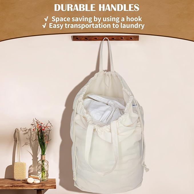 Canvas Laundry Bags with Handles & Square Base13.8"Lx13.8"Wx27.6"H, Large Heavy Duty Laundry Hamper Bag, College Dorm Washable Drawstring Canvas Dirty Clothes Sack (Beige,2 Pack)