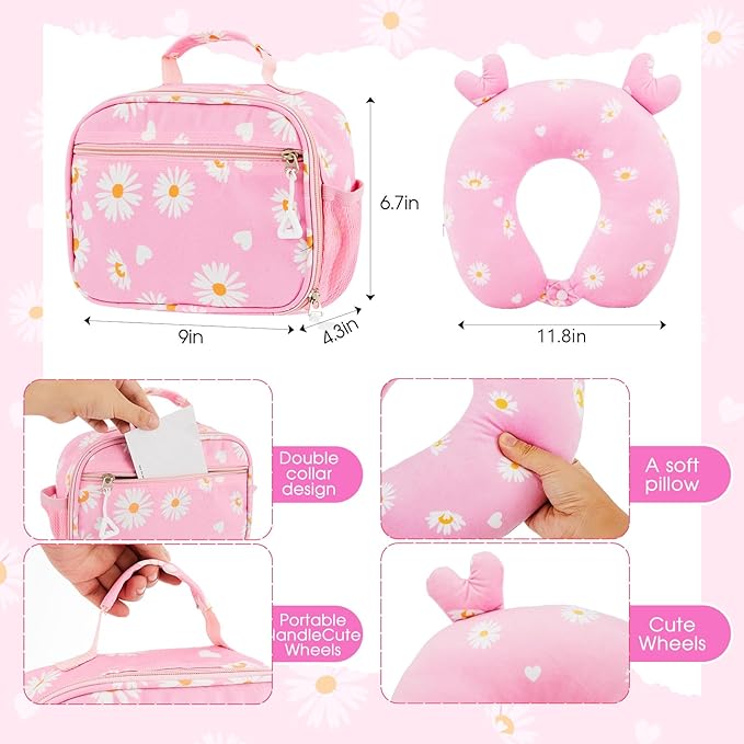 Redbaker 17 Inch 6 Pcs Kids Luggage Set Kids Rolling Luggage Double Pattern Suitcase for Boys Girls (Light Pink, Leopard Print Style)