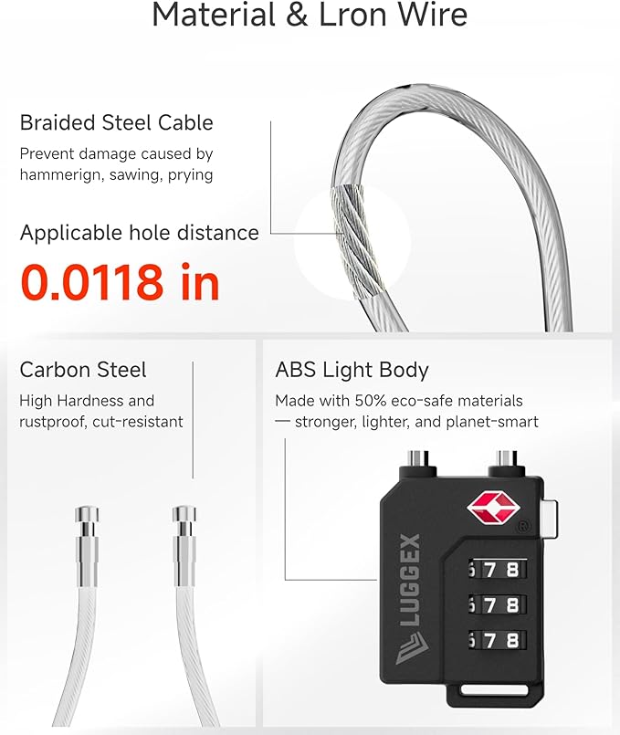 LUGGEX TSA Locks for Luggage, Suitcase Locks TSA Approved, Luggage Locks, Ease of Use & Durable(Silver Cable,4 Pack)