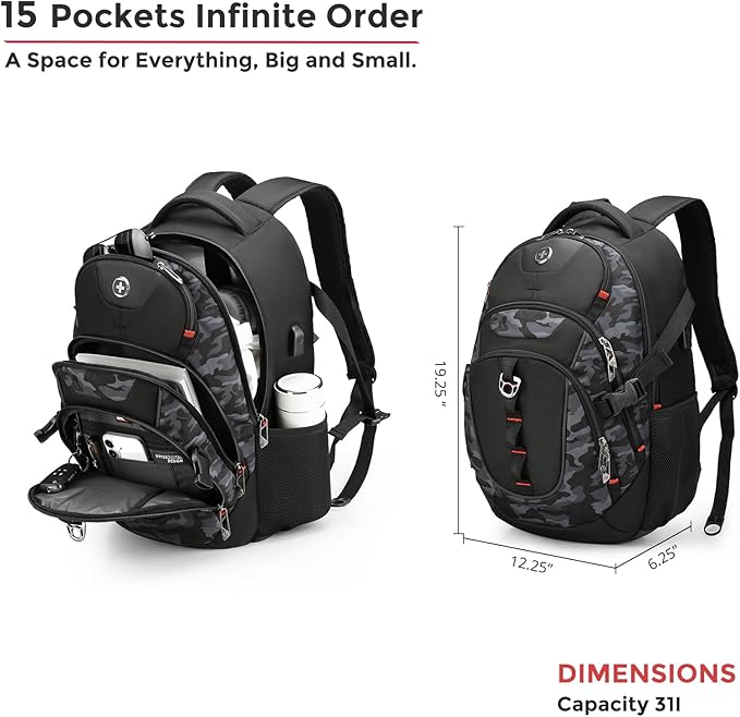 Swissdigital Design Laptop Backpack with USB Charging Port, Travel Backpack Fits 15.6 inches Computer, 31L College School Backpack for Men, Gray Camo | SD803-91